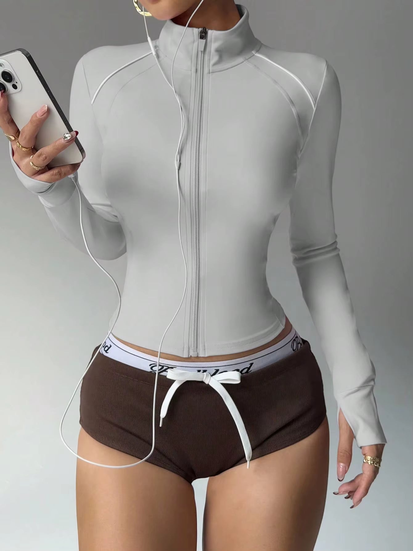 European American Slim Fit Fitness Zipper Running Sports Jacket Long Sleeve Yoga Top Short Color-Block Yoga