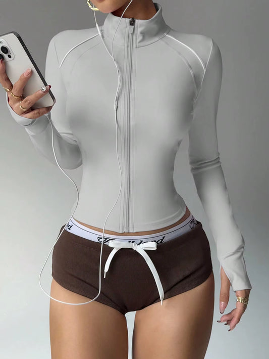 European American Slim Fit Fitness Zipper Running Sports Jacket Long Sleeve Yoga Top Short Color-Block Yoga