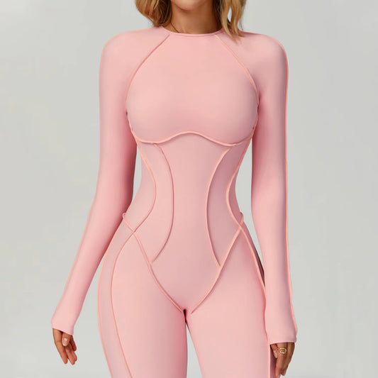 Women'S Sports Bodysuit Jumpsuit Brushed Contrasting Color Beautiful Back Design Stereo Tight Fitness Clothes
