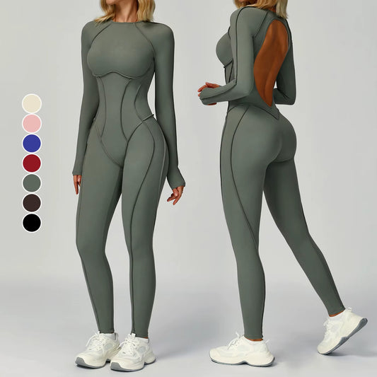 Women'S Sports Bodysuit Jumpsuit Brushed Contrasting Color Beautiful Back Design Stereo Tight Fitness Clothes