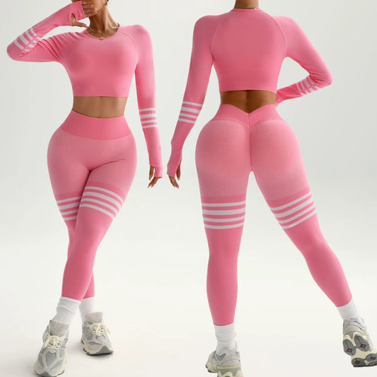 Custo Striped Tummy Control Sportswear Quick Drying Breathable Long-Sleeved High Waist Yoga Leggings Running Womens Yoga Wear