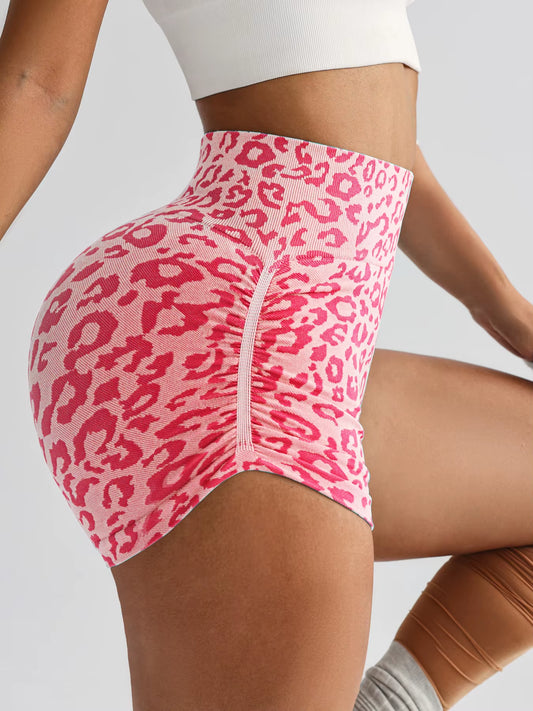 Women'S High-Waisted Peach Fitness Shorts Belly Hugging Leopard Yoga Leggings Tight Fitting Outdoor Running Lifting Yoga Shorts