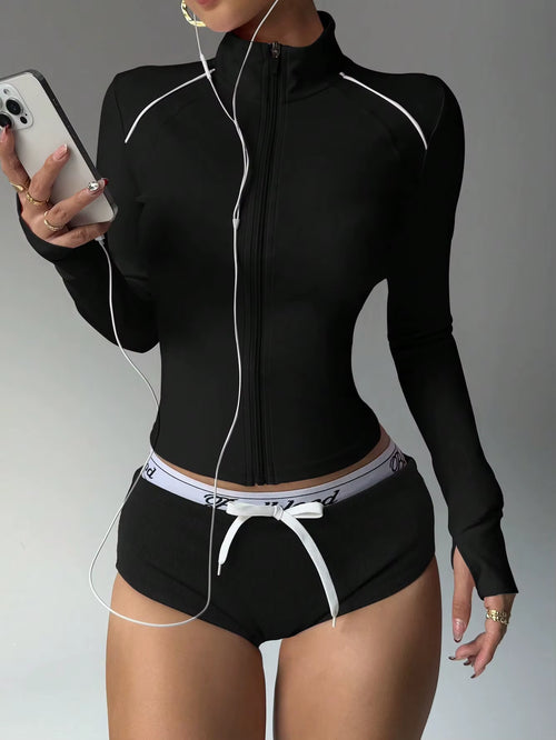 European American Slim Fit Fitness Zipper Running Sports Jacket Long Sleeve Yoga Top Short Color-Block Yoga