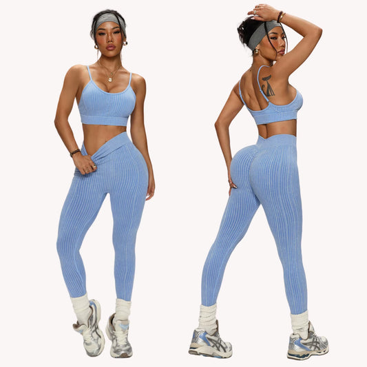 European American Style Women'S Sports Fitness Running Two-Piece Set Sand Wash Peach Hip Seamless Yoga Pants Shockproof Solid