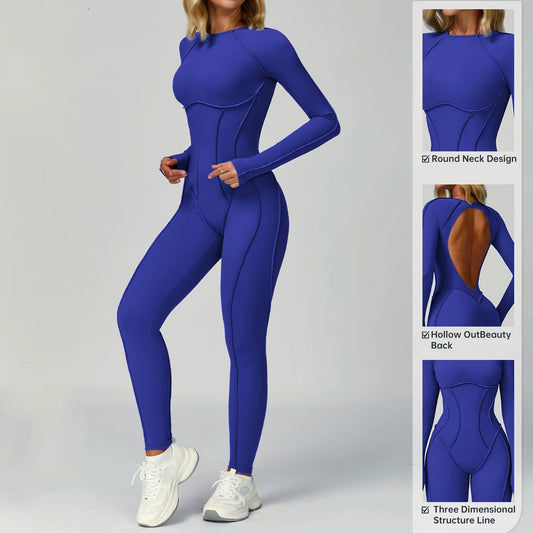 Women'S Sports Bodysuit Jumpsuit Brushed Contrasting Color Beautiful Back Design Stereo Tight Fitness Clothes