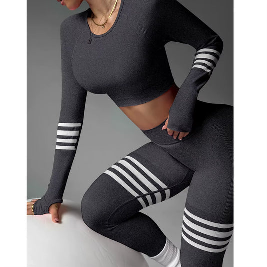 Custo Striped Tummy Control Sportswear Quick Drying Breathable Long-Sleeved High Waist Yoga Leggings Running Womens Yoga Wear