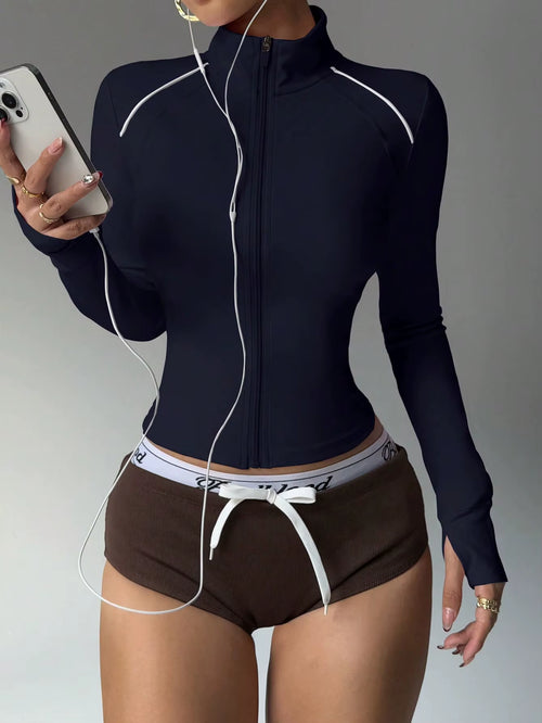 European American Slim Fit Fitness Zipper Running Sports Jacket Long Sleeve Yoga Top Short Color-Block Yoga