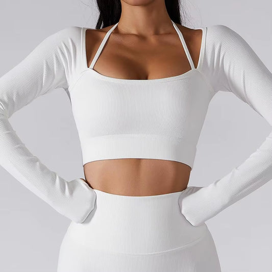 New Arrival Women'S Ribbed Solid Color Long Sleeve Yoga Top Gym Fitness Ladies High Elasticity Activewear Sports Fitness Top
