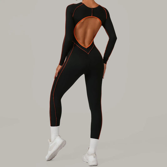 Ladies' High-Intensity Fitness Exercise Jumpsuit Three-Dimensional Cut Color-Blocking Long-Sleeved Yoga Bodysuit Sports