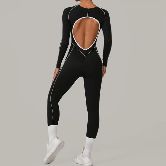 Ladies' High-Intensity Fitness Exercise Jumpsuit Three-Dimensional Cut Color-Blocking Long-Sleeved Yoga Bodysuit Sports