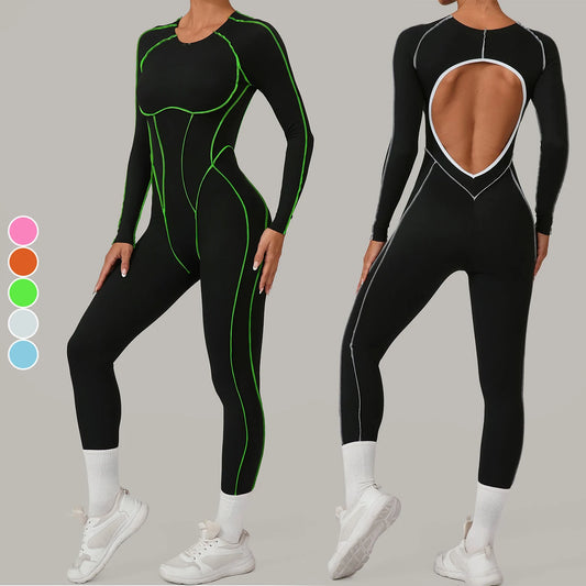 Ladies' High-Intensity Fitness Exercise Jumpsuit Three-Dimensional Cut Color-Blocking Long-Sleeved Yoga Bodysuit Sports
