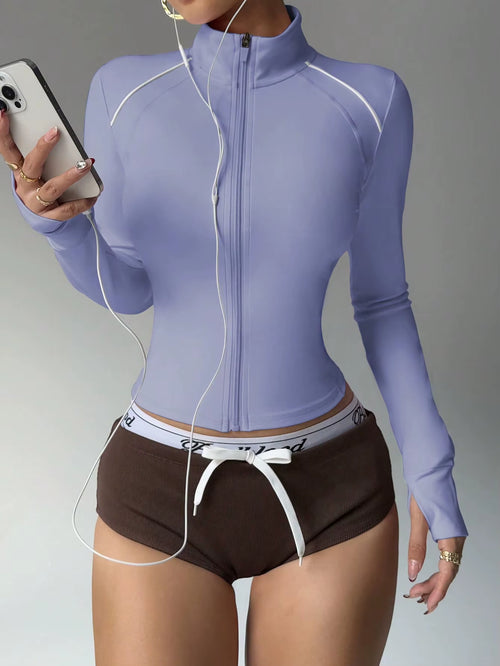 European American Slim Fit Fitness Zipper Running Sports Jacket Long Sleeve Yoga Top Short Color-Block Yoga