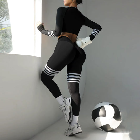 Custo Striped Tummy Control Sportswear Quick Drying Breathable Long-Sleeved High Waist Yoga Leggings Running Womens Yoga Wear