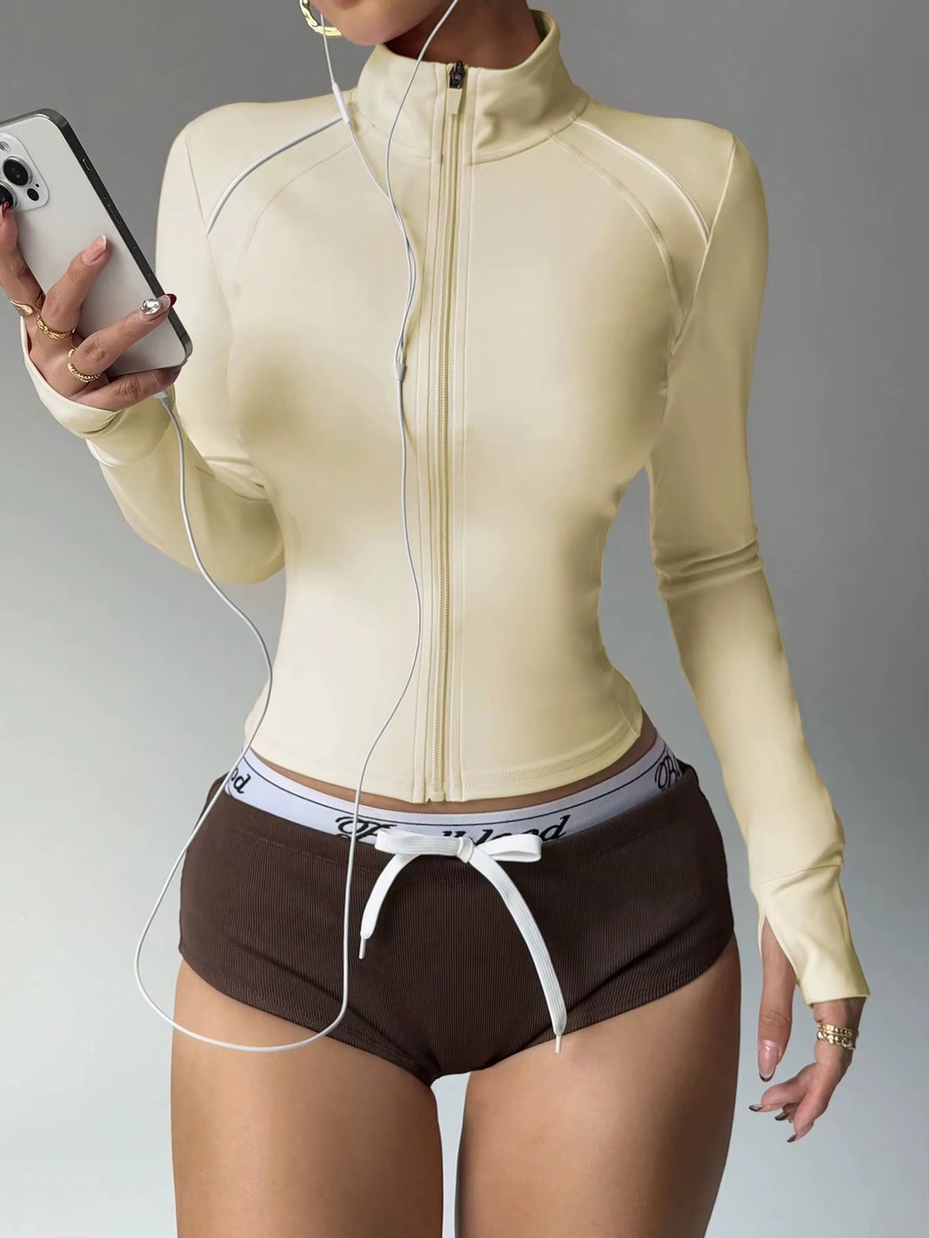 European American Slim Fit Fitness Zipper Running Sports Jacket Long Sleeve Yoga Top Short Color-Block Yoga