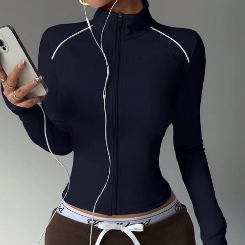 European American Slim Fit Fitness Zipper Running Sports Jacket Long Sleeve Yoga Top Short Color-Block Yoga
