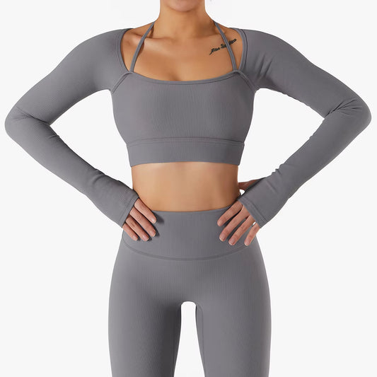 New Arrival Women'S Ribbed Solid Color Long Sleeve Yoga Top Gym Fitness Ladies High Elasticity Activewear Sports Fitness Top