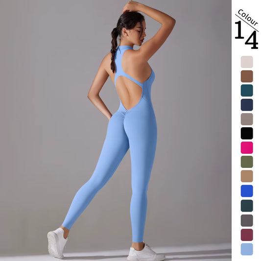 Custom Logo Sporty Bodysuit Solid Nylon Zipper Quick Dry Backless Sports Yoga Sportswear for Adults Women Jumpsuit with Pants