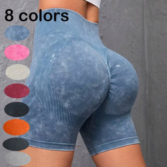 Custom Logo Wash Acid Frosted Scrunch Butt Shorts for Women High Waist Tummy Control Slim Quick Drying Sport Fitness Yoga Shorts