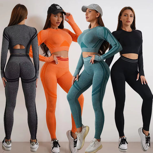 Hot Sale Women Workout 2 Pieces Long Sleeves Solid Stripe High Waist Peach Hip Pants Sports Fitness Skin Friendly Yoga Sets