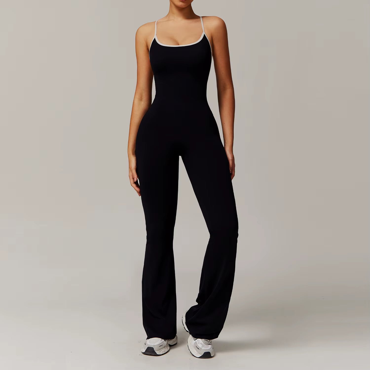 New Design Cross Beauty Back Woman Gym Yoga Jumpsuit Breathable Quick Drying Sports Fitness Ruched Flared Jumpsuit Soft Bodysuit