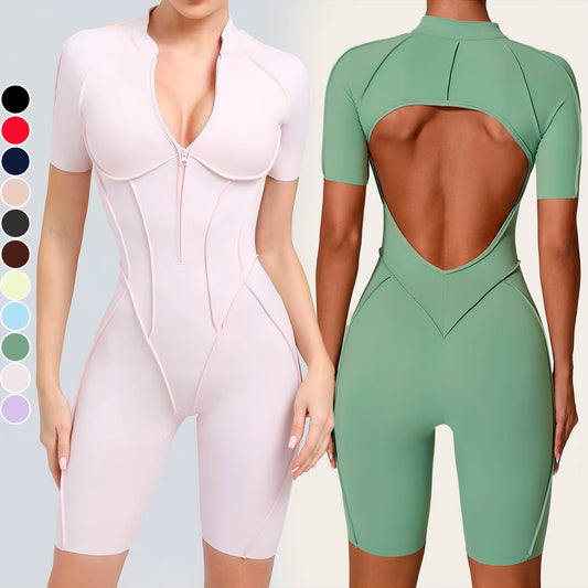 Women'S Summer Sports Bodysuits & Jumpsuits Zipper Short Sleeve Fitness Yoga Dance Outerwear Woven Tight Sports Jumpsuit