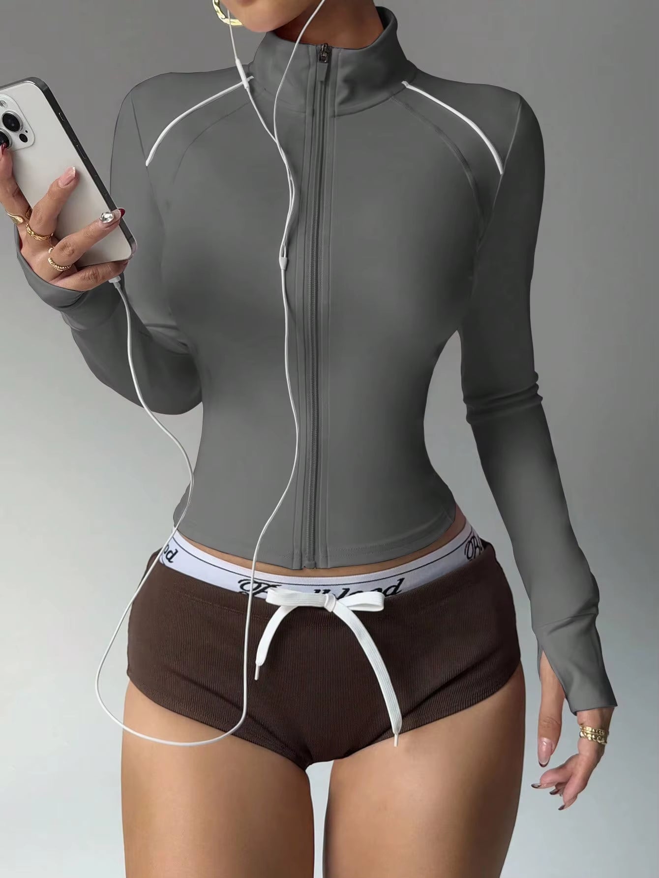 European American Slim Fit Fitness Zipper Running Sports Jacket Long Sleeve Yoga Top Short Color-Block Yoga