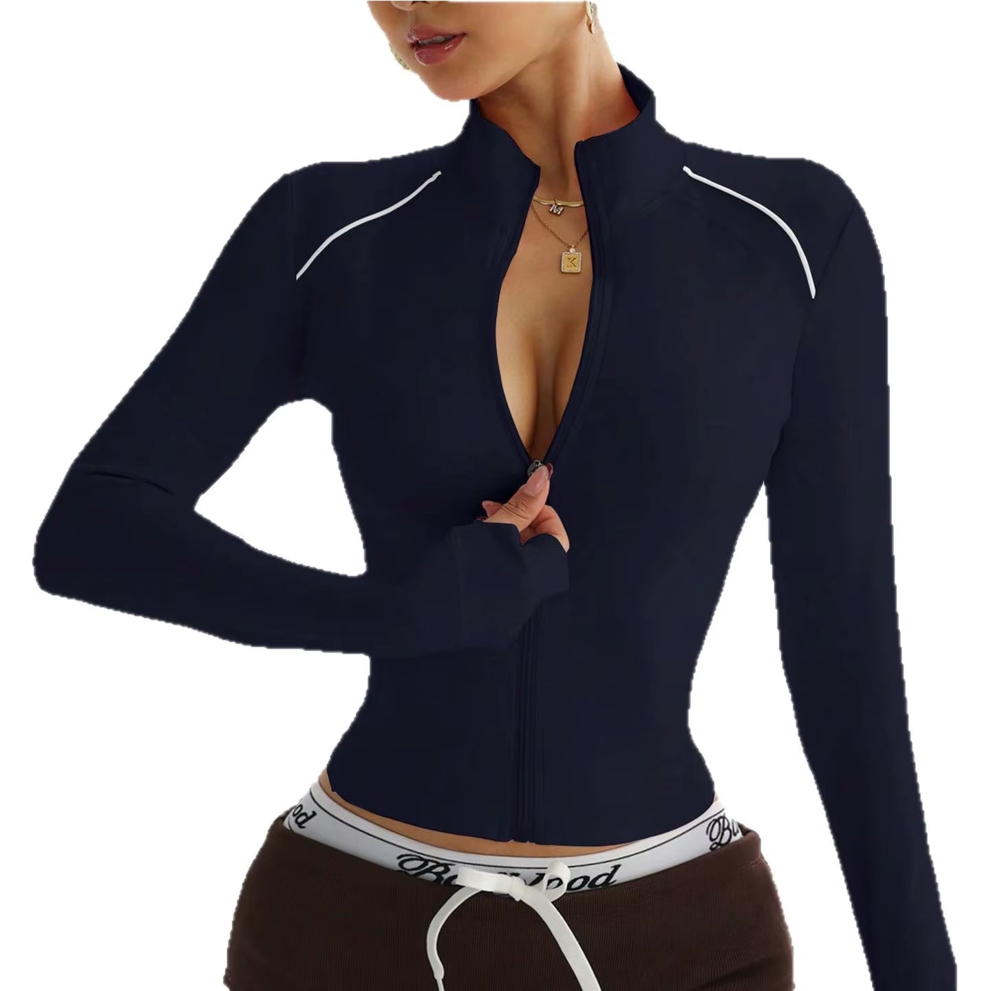 European American Slim Fit Fitness Zipper Running Sports Jacket Long Sleeve Yoga Top Short Color-Block Yoga