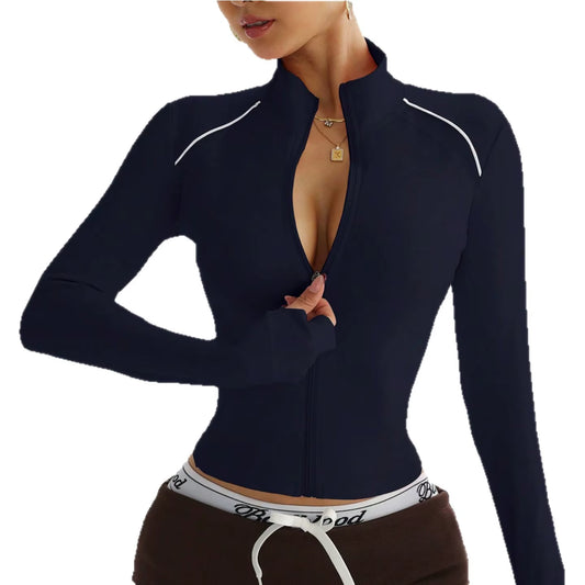 European American Slim Fit Fitness Zipper Running Sports Jacket Long Sleeve Yoga Top Short Color-Block Yoga