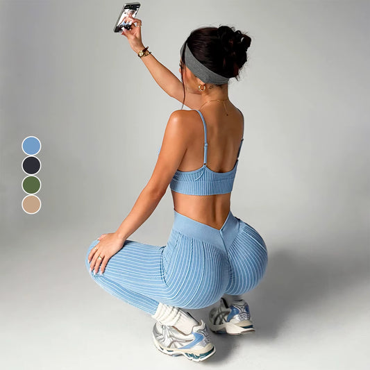 European American Style Women'S Sports Fitness Running Two-Piece Set Sand Wash Peach Hip Seamless Yoga Pants Shockproof Solid